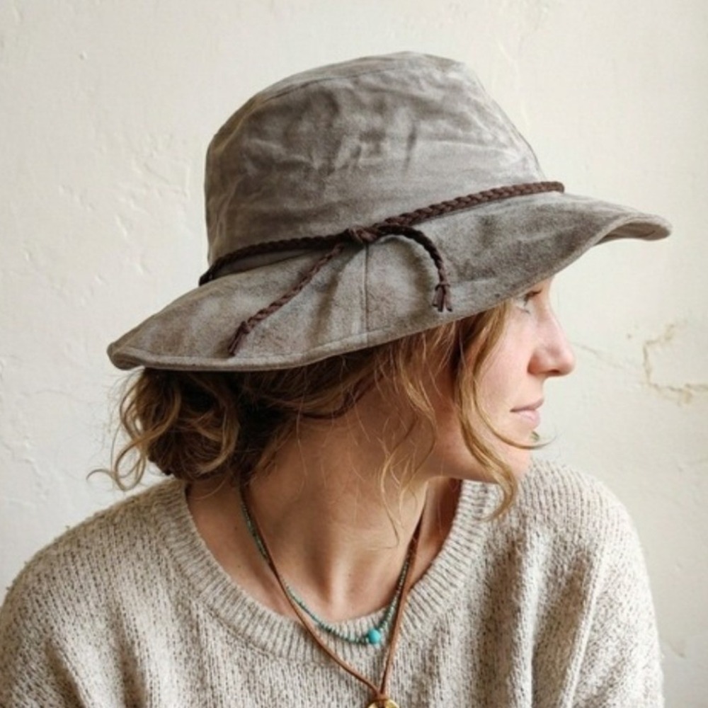 Free People Womens Hat OS Grey Suede Braided Trim Boho Floppy Sun Hat Indie Fall
